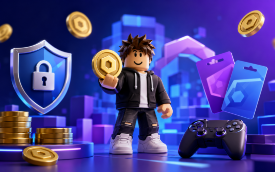 Safe Robux guide with avatar customization, virtual coins, gift cards, and security icon