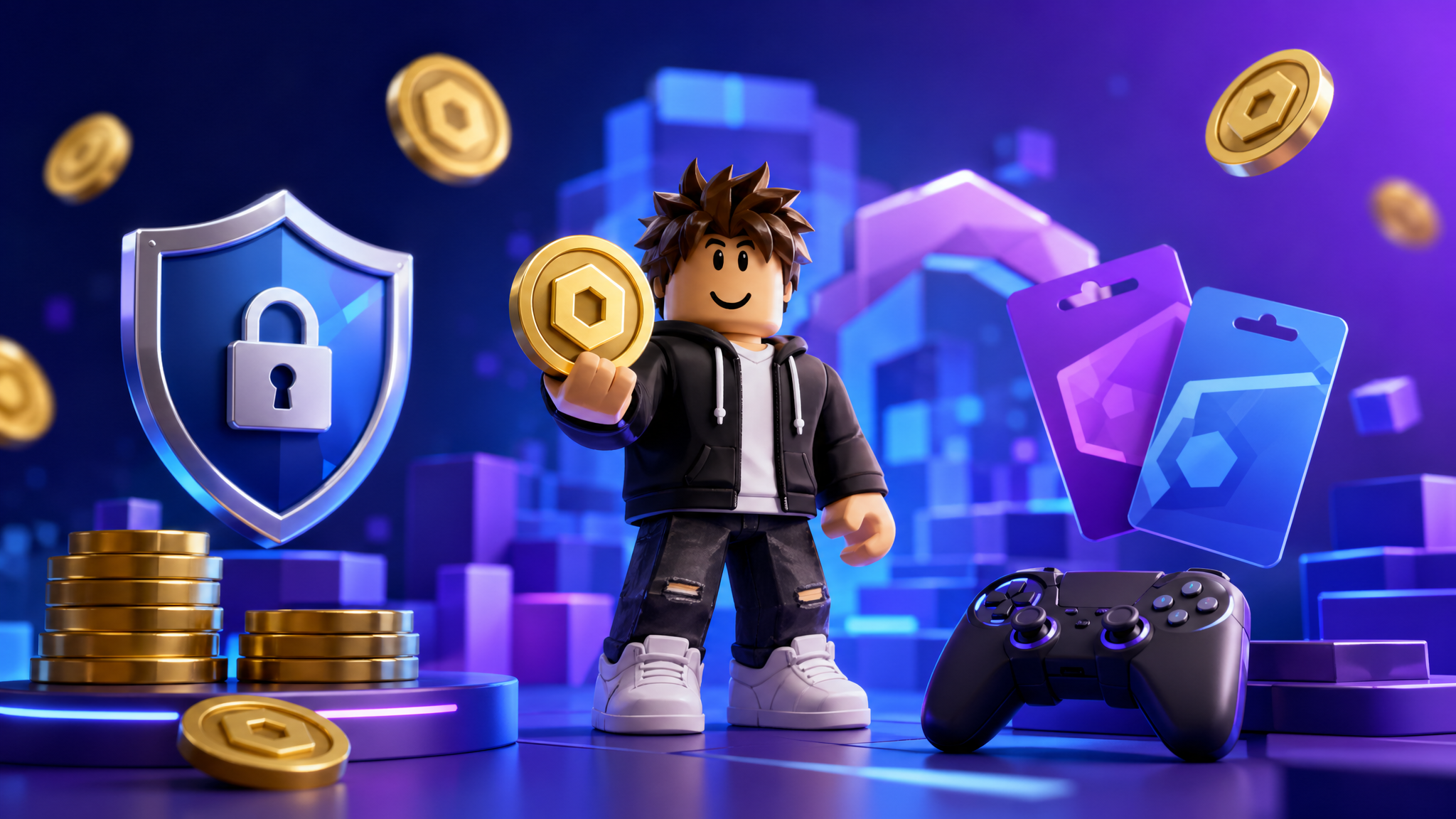 Safe Robux guide with avatar customization, virtual coins, gift cards, and security icon