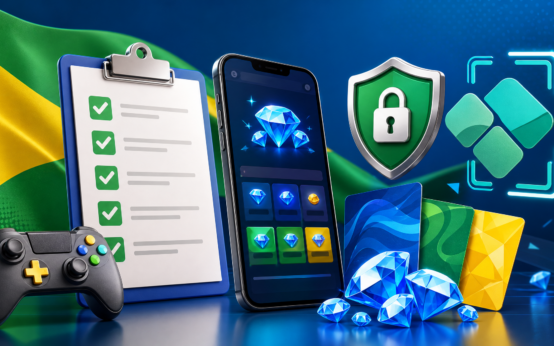 Imagem editorial de passo a passo seguro para organizar recompensas e recargas oficiais em jogos mobile