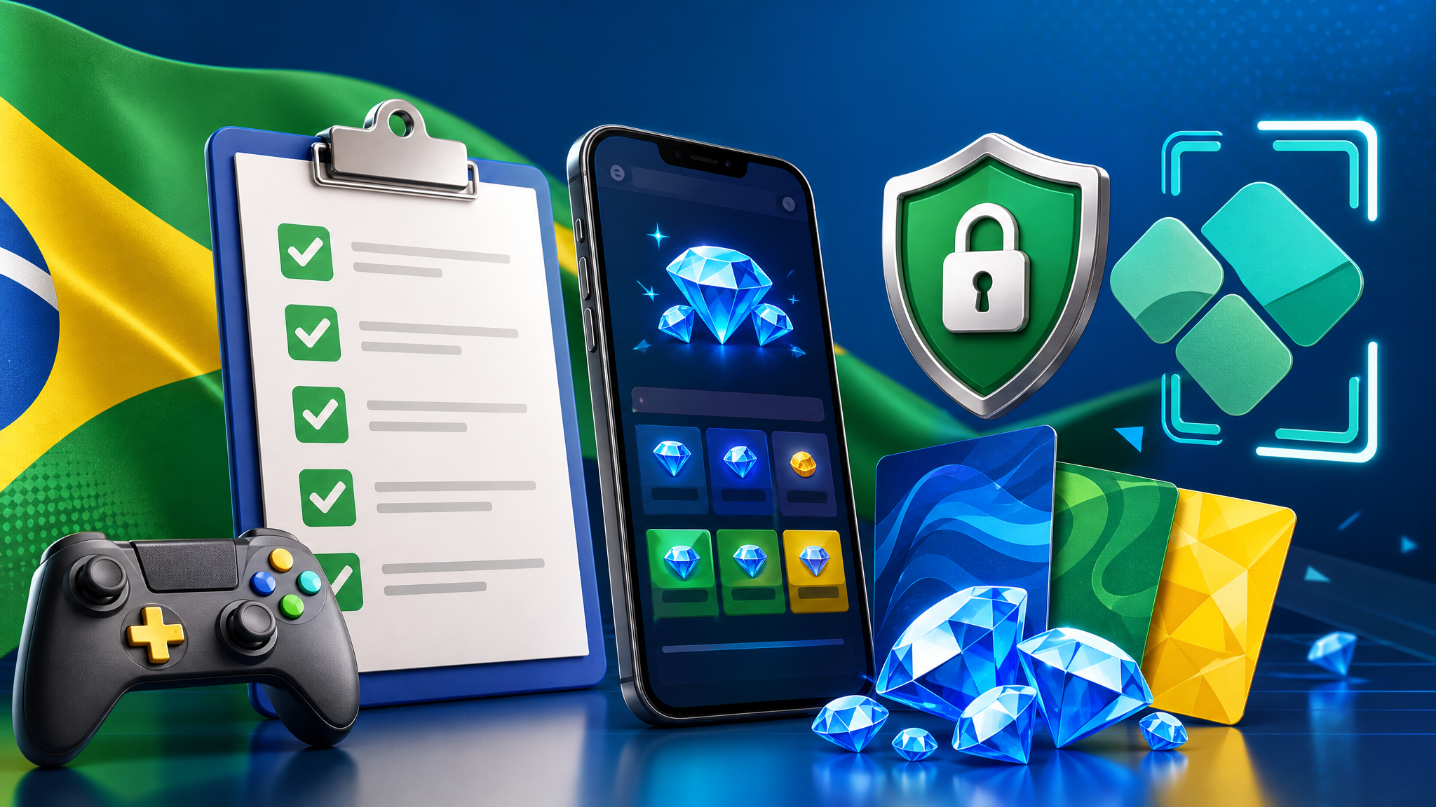 Imagem editorial de passo a passo seguro para organizar recompensas e recargas oficiais em jogos mobile