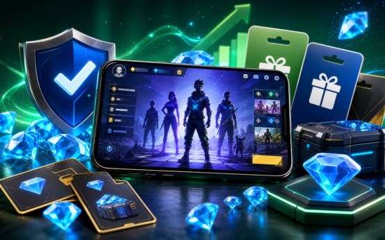 Imagem editorial sobre diamantes, recompensas seguras e recarga oficial para jogos mobile
