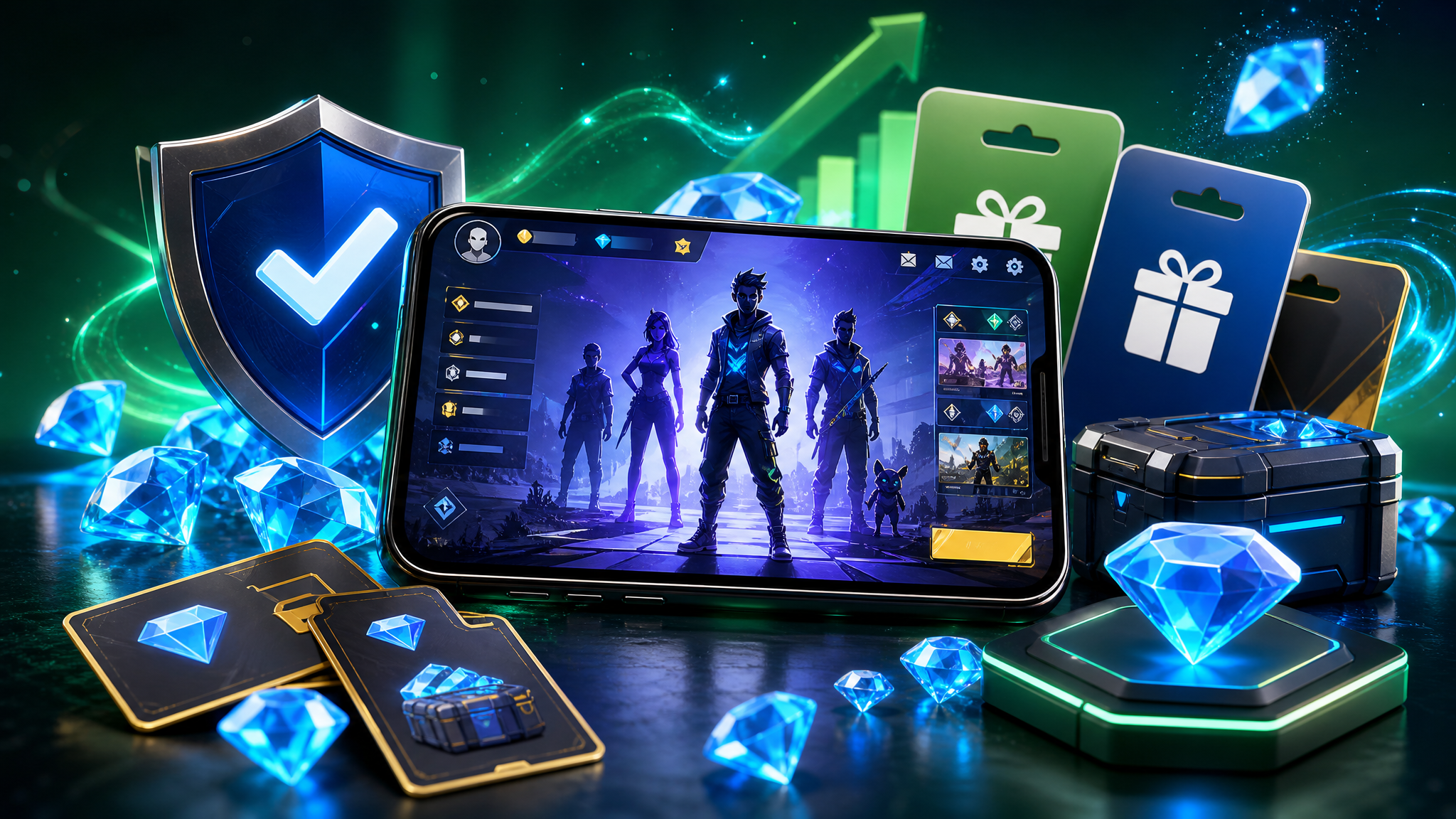 Imagem editorial sobre diamantes, recompensas seguras e recarga oficial para jogos mobile