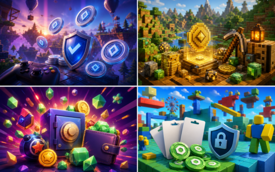 Roblox style gift card and Robux value guide with playful gaming world and security shield